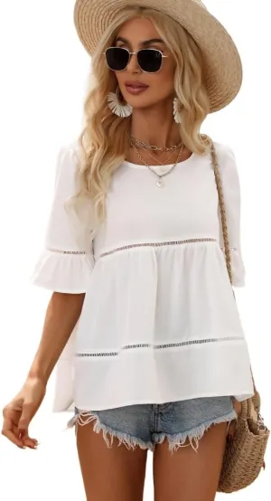 Women's Blouses Shirts Guipure Lace Insert Flounce Sleeve Ruffle Hem Blouse Peplum Top Trendy Tshirts Tops