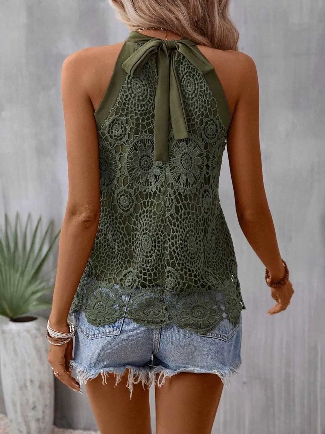 Women's Blouses Shirts Holidaya Guipure Lace Insert Halter Neck Blouse Trendy Tshirts Tops