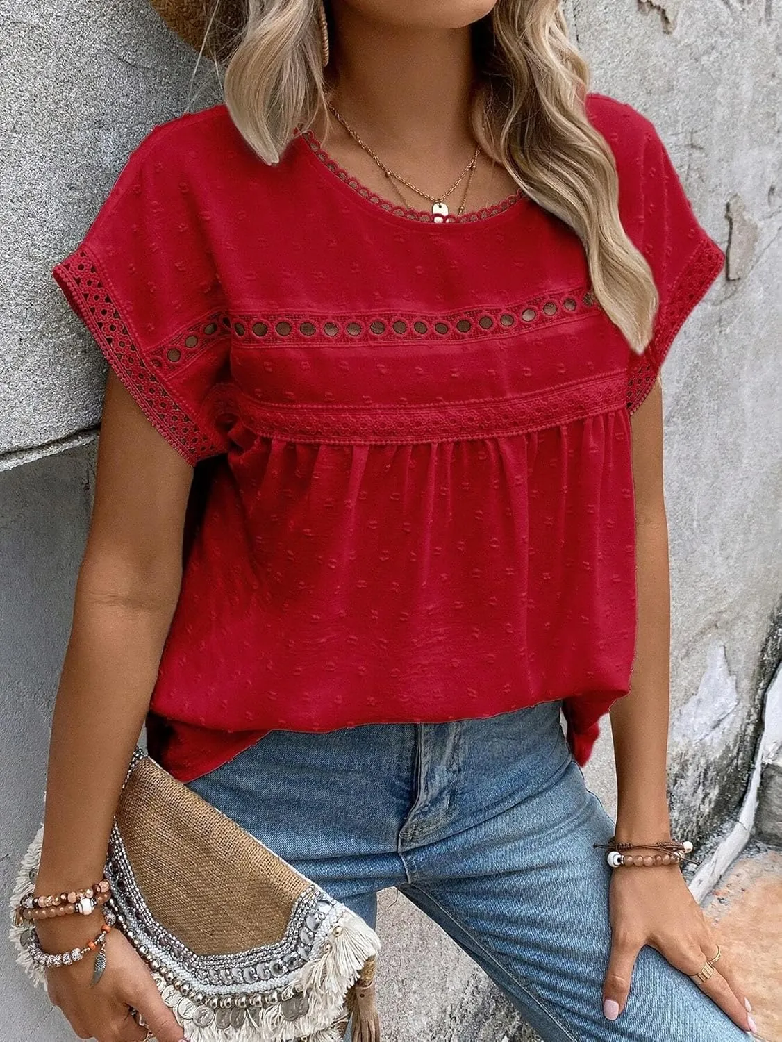 Women's Blouses Shirts Lace Batwing Sleeve Blouse Trendy Tshirts Tops