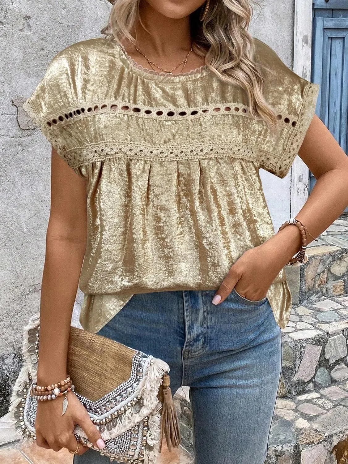 Women's Blouses Shirts Lace Batwing Sleeve Casual Blouse Trendy Tshirts Tops
