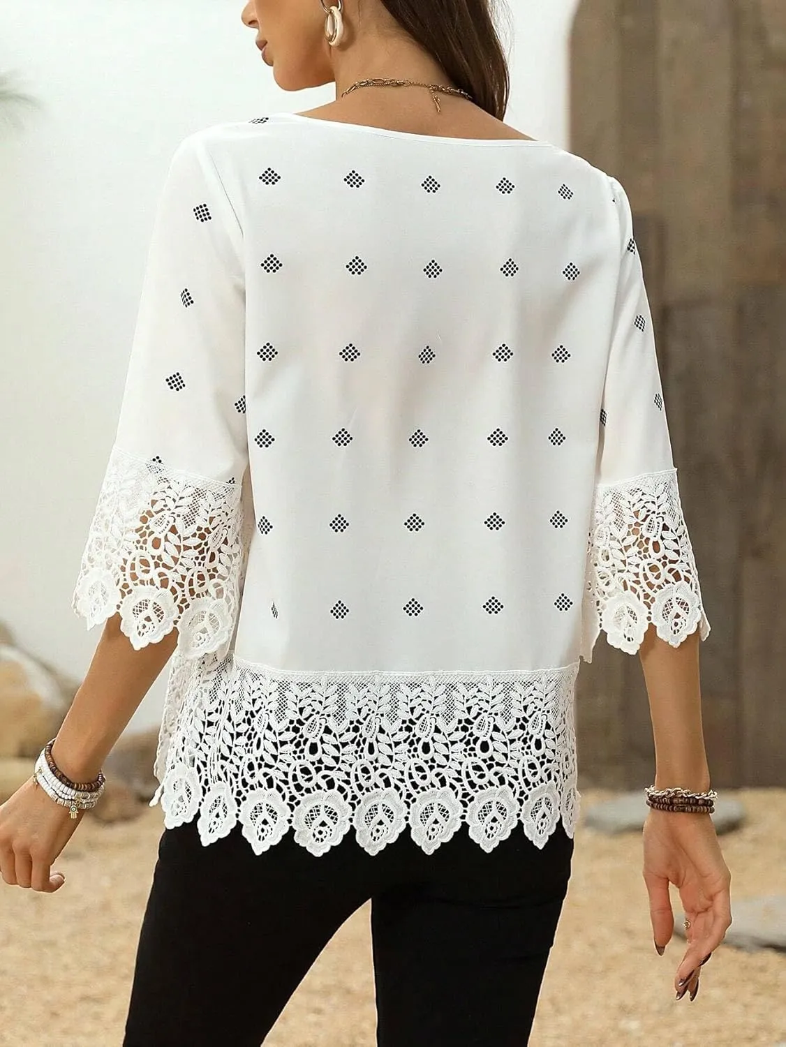 Women's Blouses Shirts Lace Round Neck Blouse Trendy Tshirts Tops