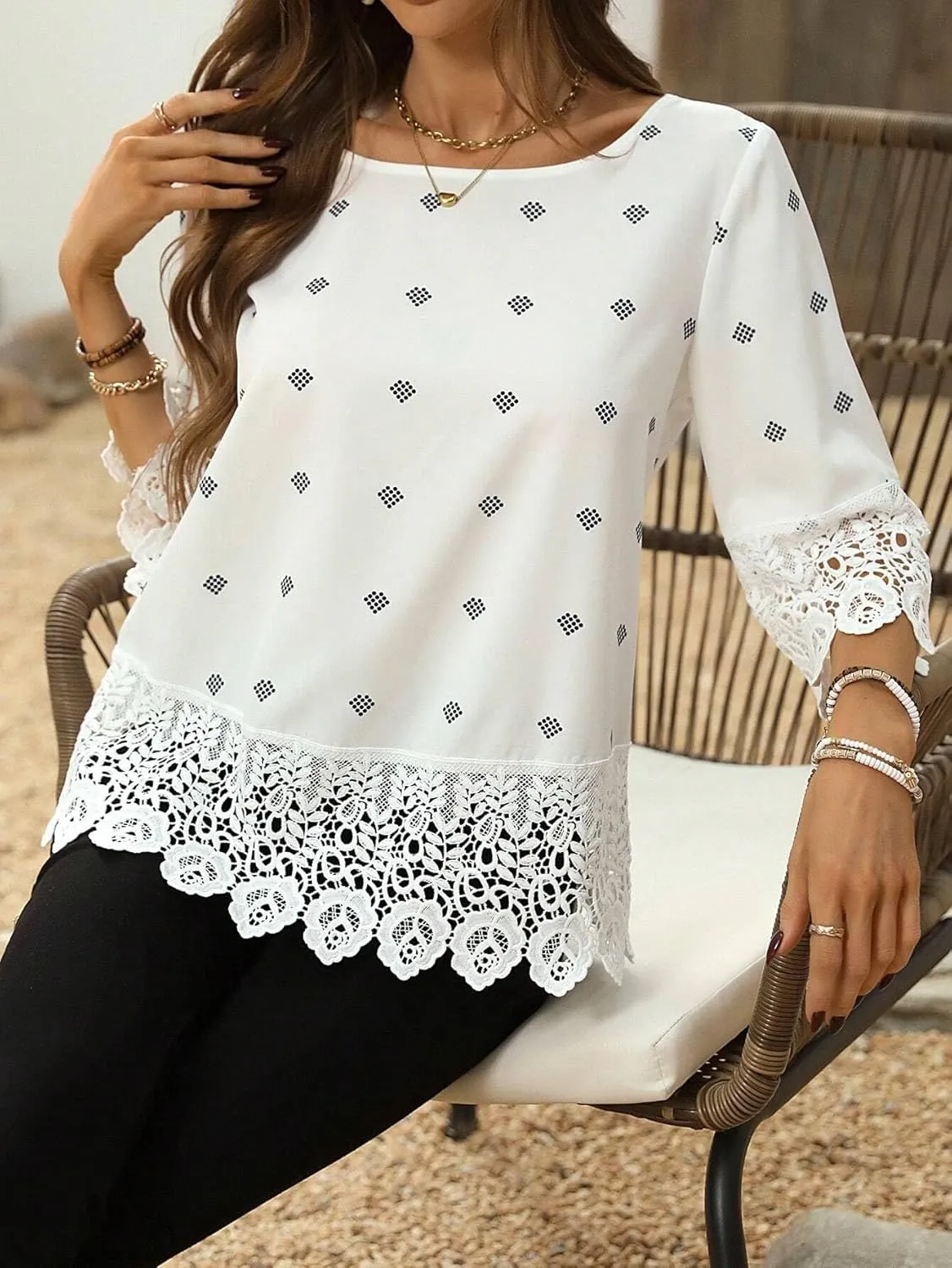Women's Blouses Shirts Lace Round Neck Blouse Trendy Tshirts Tops