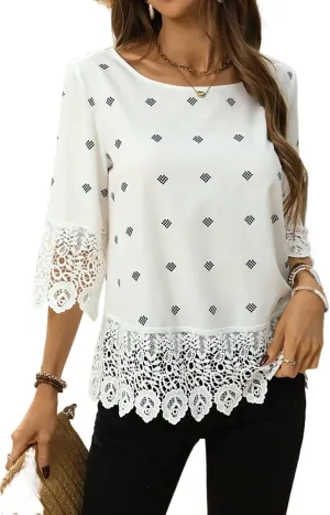 Women's Blouses Shirts Lace Round Neck Blouse Trendy Tshirts Tops