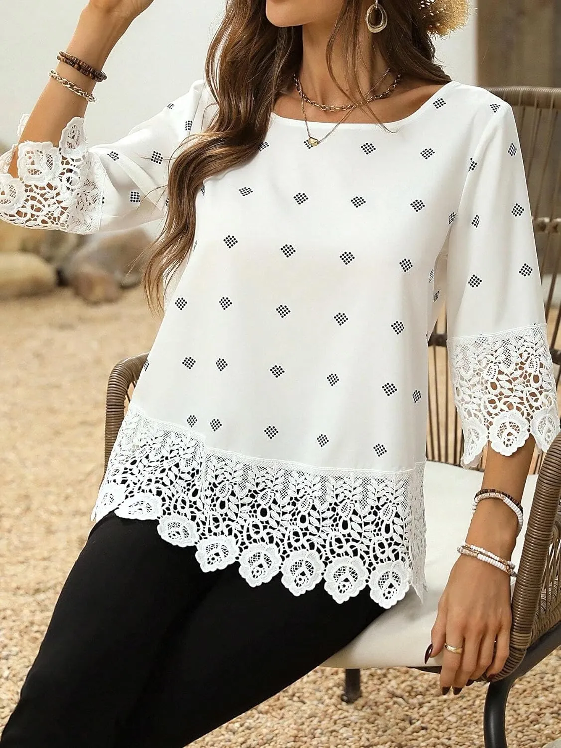 Women's Blouses Shirts Lace Round Neck Blouse Trendy Tshirts Tops