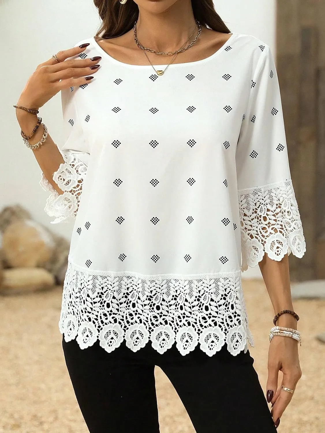 Women's Blouses Shirts Lace Round Neck Blouse Trendy Tshirts Tops