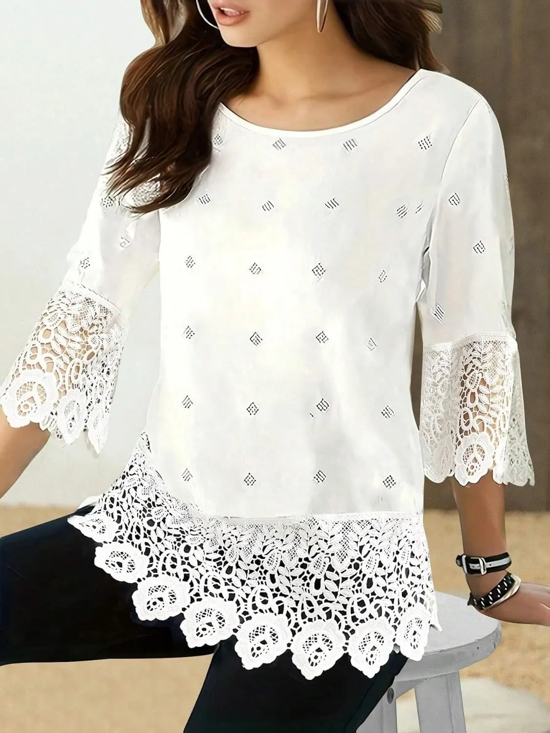 Women's Blouses Shirts Lace Round Neck Blouse Trendy Tshirts Tops