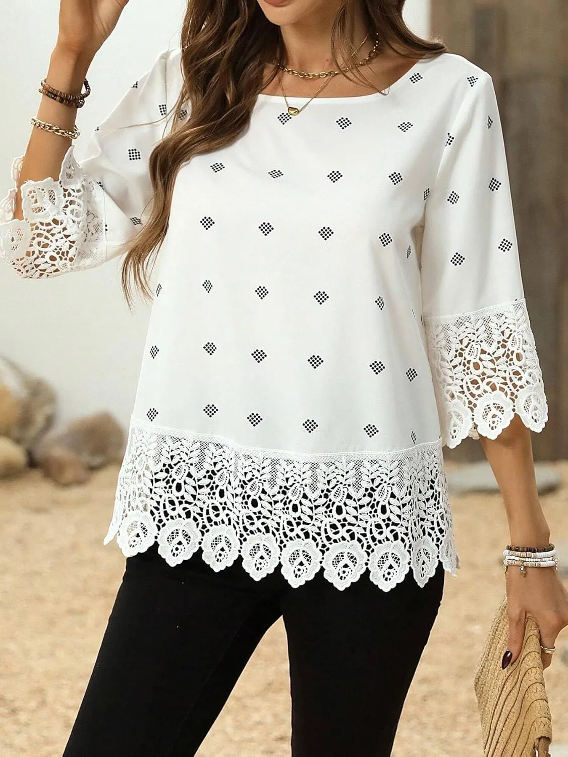 Women's Blouses Shirts Lace Round Neck Blouse Trendy Tshirts Tops