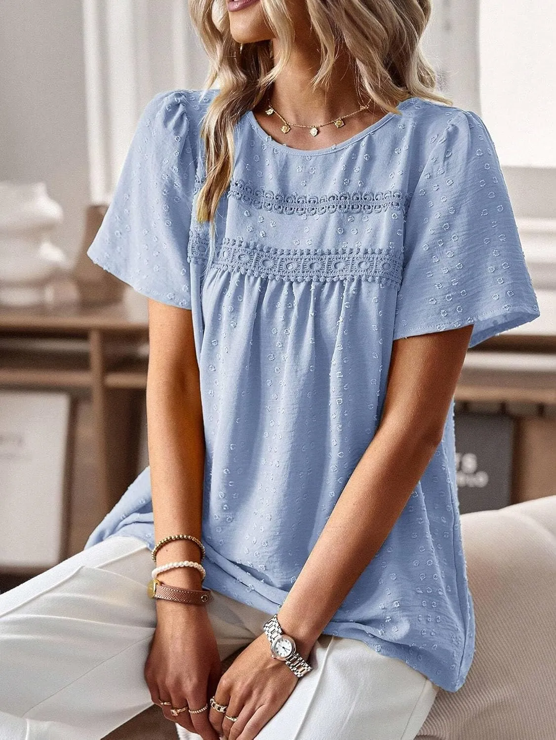 Women's Blouses Shirts Lace Round Neck Short Puff Sleeve Shirt Trendy Tshirts Tops
