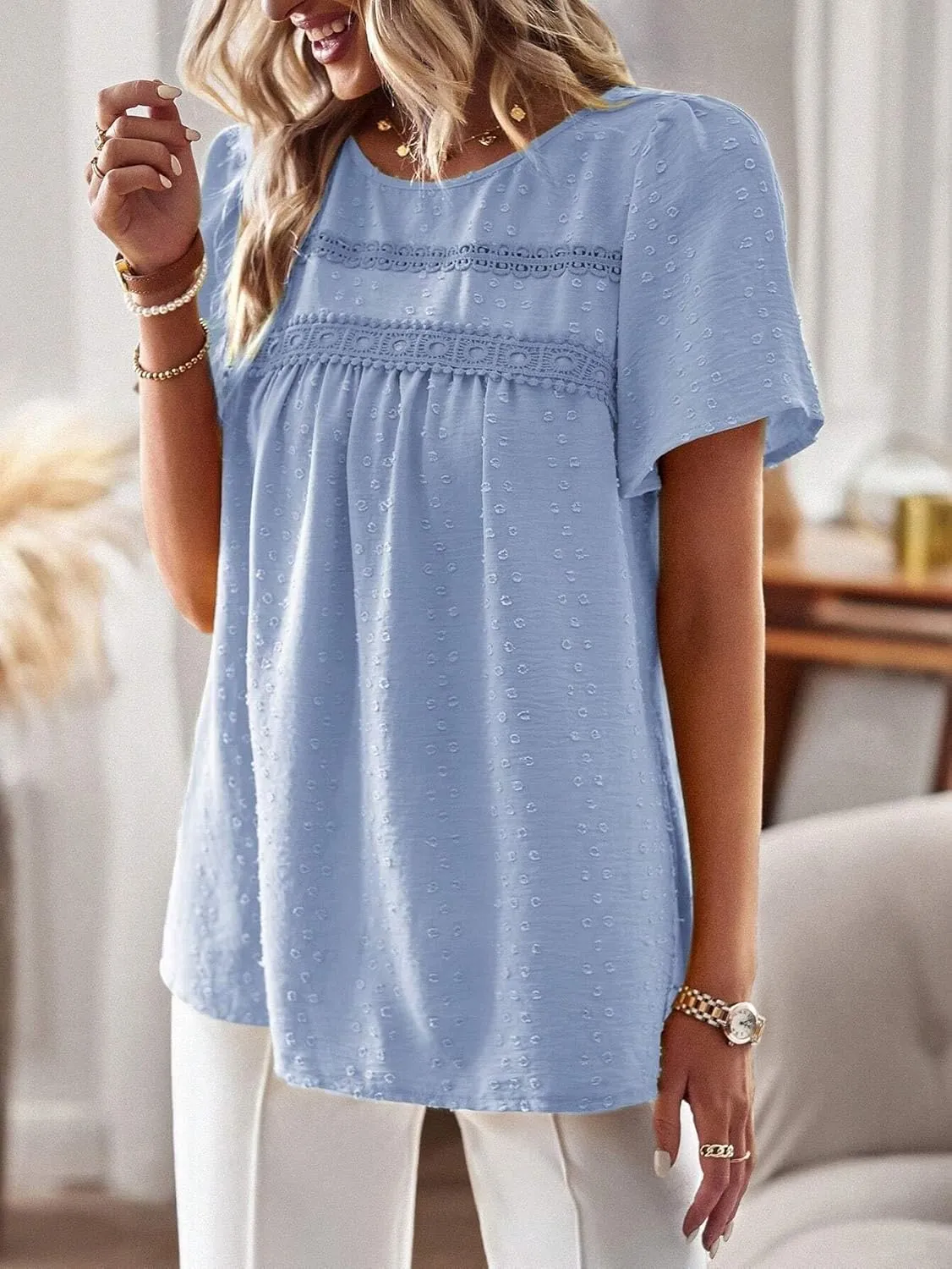 Women's Blouses Shirts Lace Round Neck Short Puff Sleeve Shirt Trendy Tshirts Tops