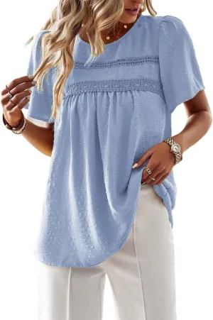 Women's Blouses Shirts Lace Round Neck Short Puff Sleeve Shirt Trendy Tshirts Tops