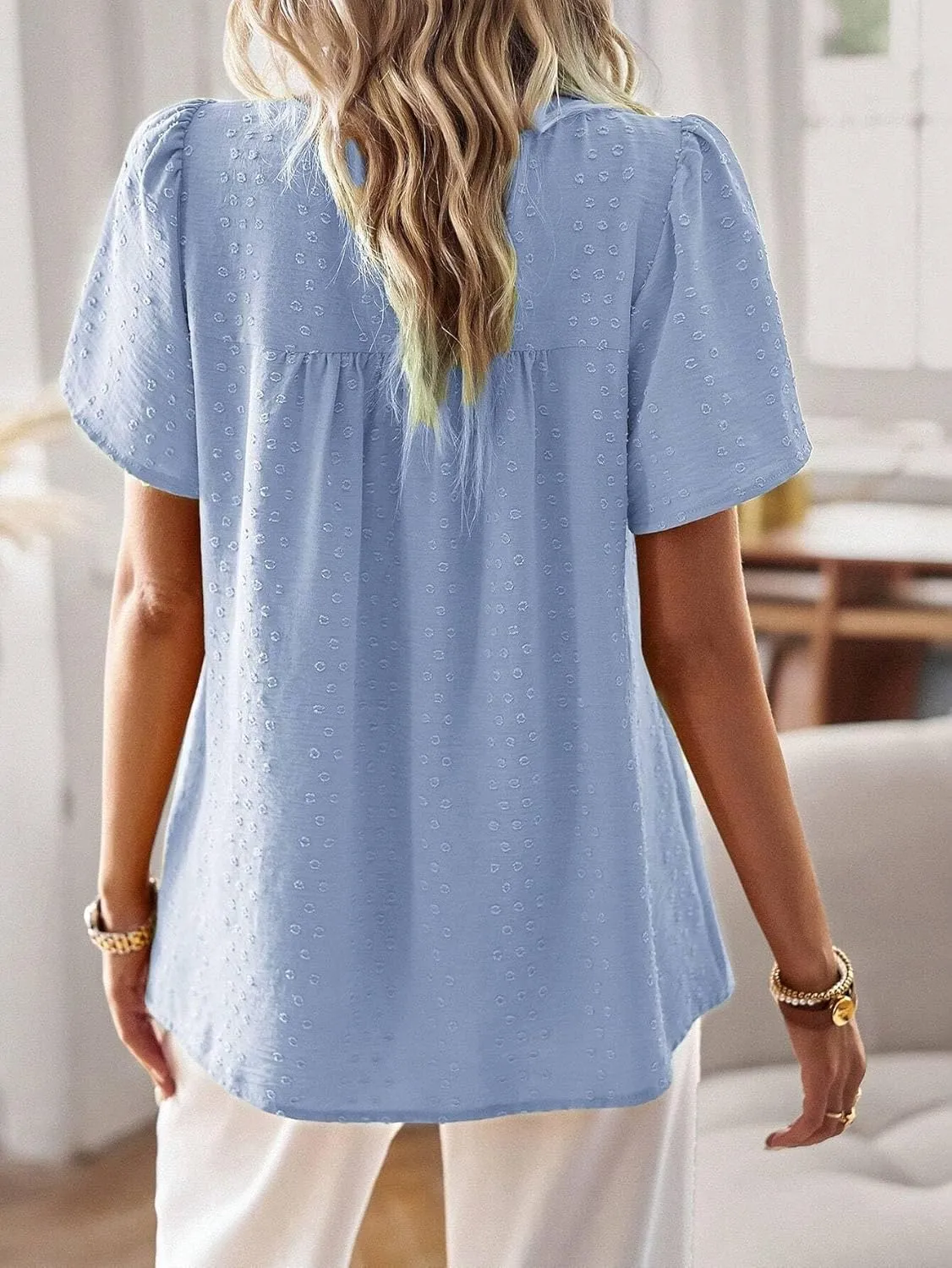 Women's Blouses Shirts Lace Round Neck Short Puff Sleeve Shirt Trendy Tshirts Tops