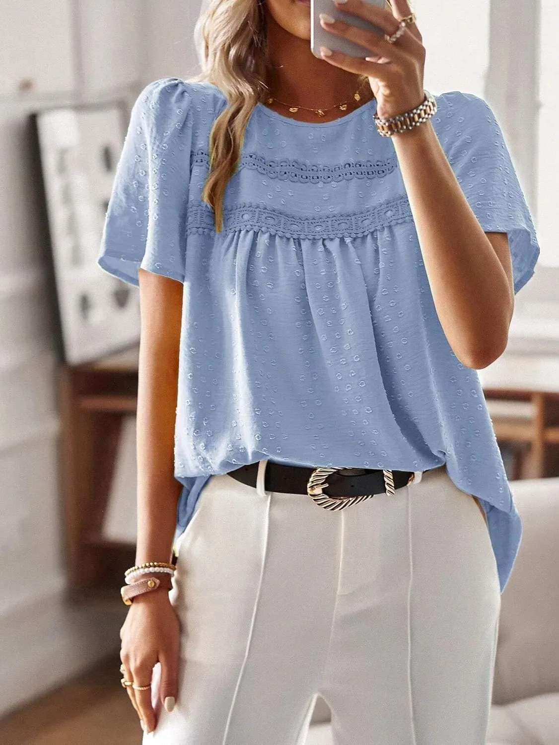 Women's Blouses Shirts Lace Round Neck Short Puff Sleeve Shirt Trendy Tshirts Tops