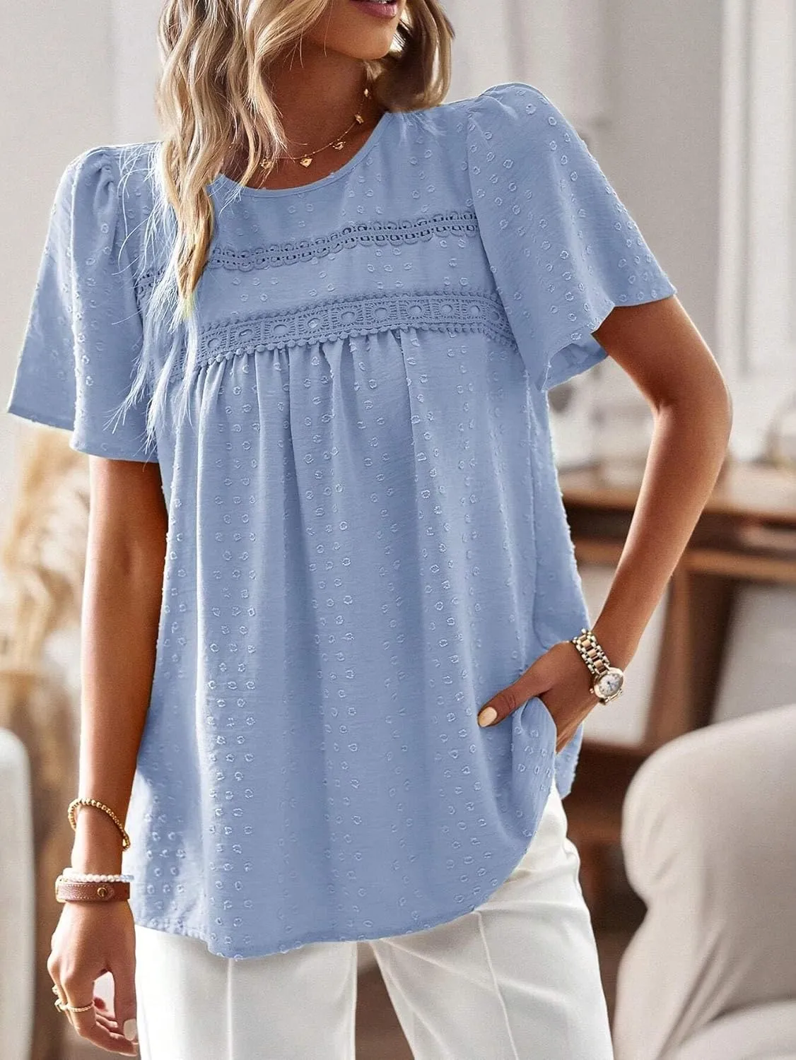 Women's Blouses Shirts Lace Round Neck Short Puff Sleeve Shirt Trendy Tshirts Tops