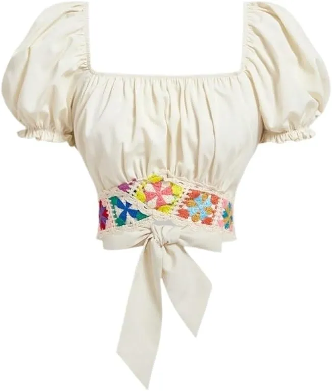 Women's Blouses Shirts Lace Short Sleeve Shirt with Back Bow Tie Trendy Tshirts Tops