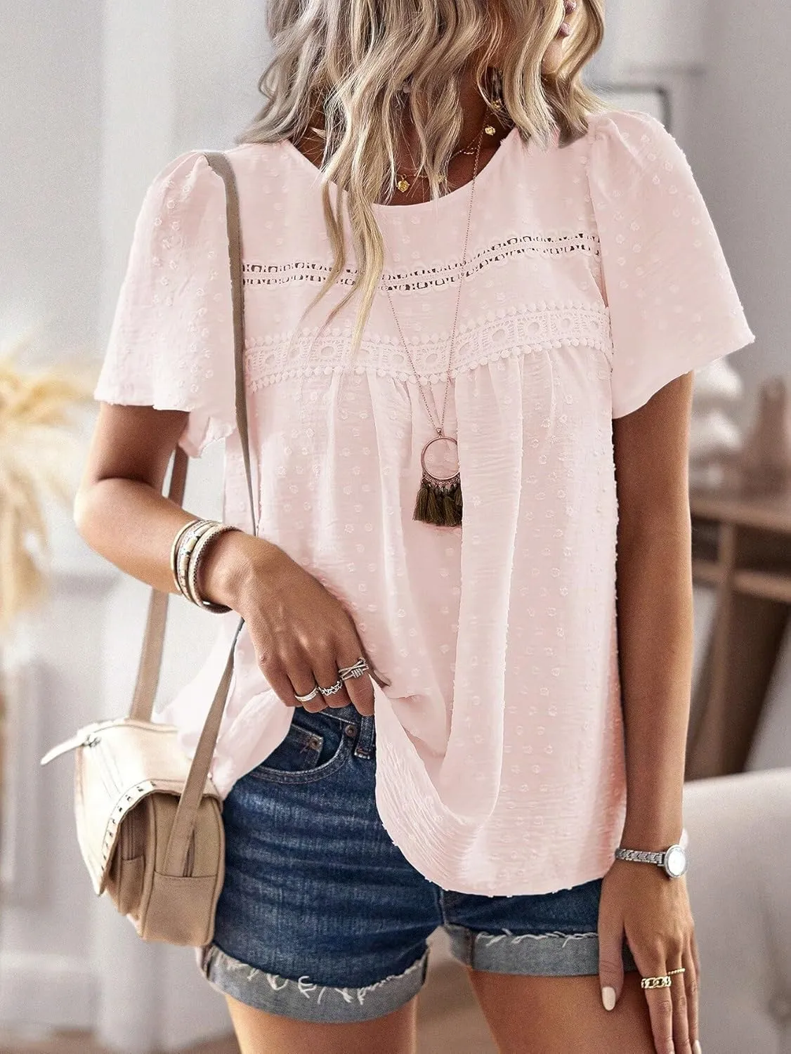 Women's Blouses Shirts Round Neck Guipure Lace Blouse Trendy Tshirts Tops