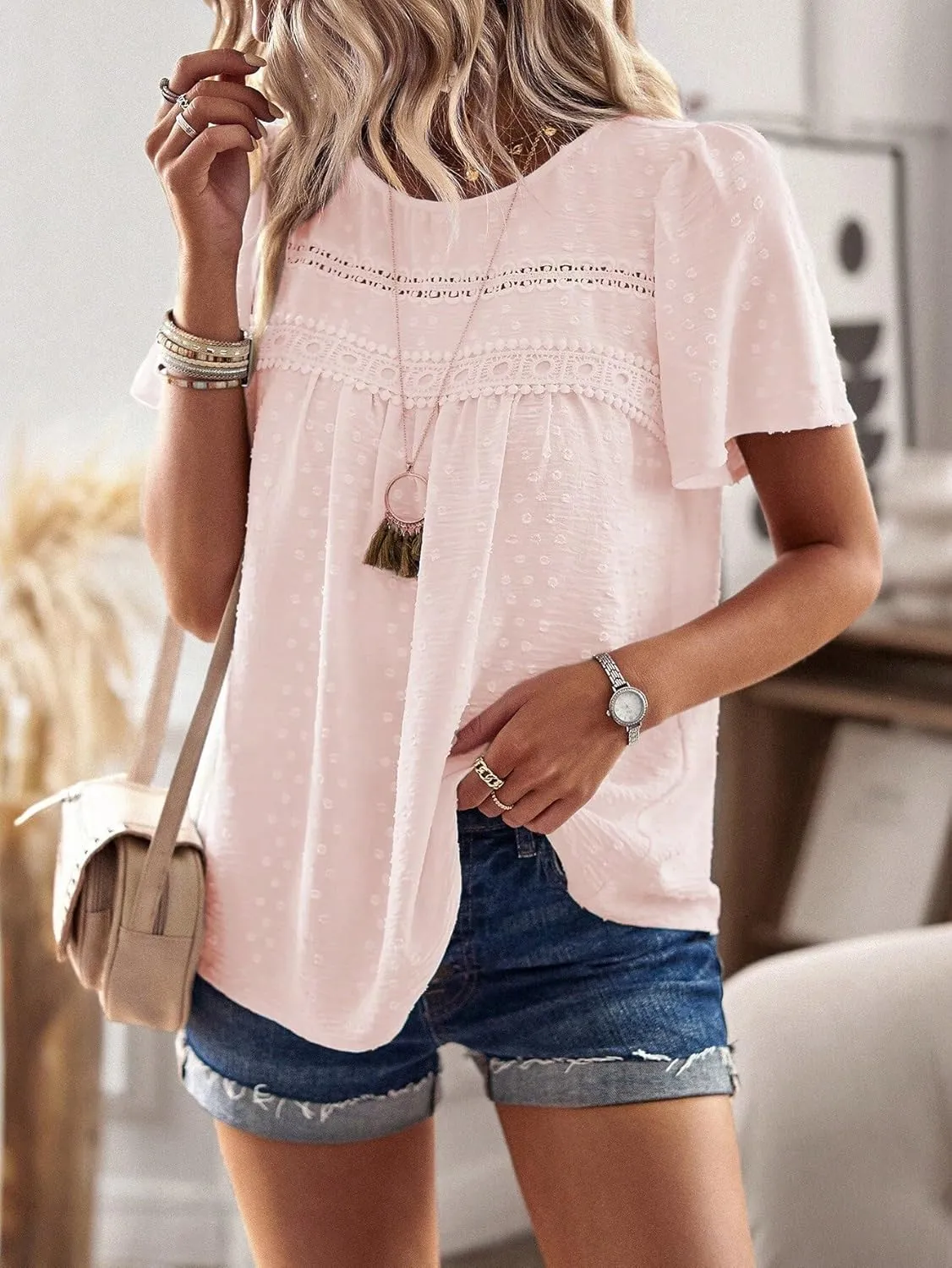 Women's Blouses Shirts Round Neck Guipure Lace Blouse Trendy Tshirts Tops
