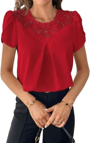 Women's Blouses Shirts Summer Casual Solid Color Lace Patchwork Puff Sleeve Shirt Trendy Tshirts Tops