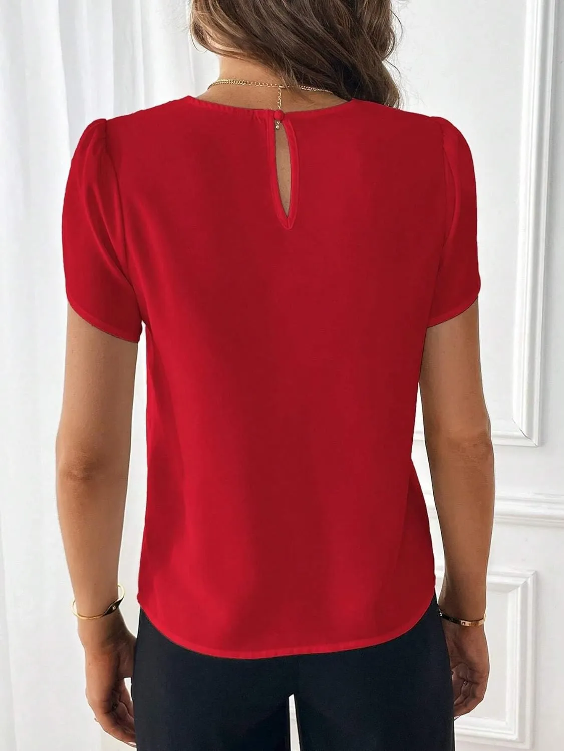 Women's Blouses Shirts Summer Casual Solid Color Lace Patchwork Puff Sleeve Shirt Trendy Tshirts Tops