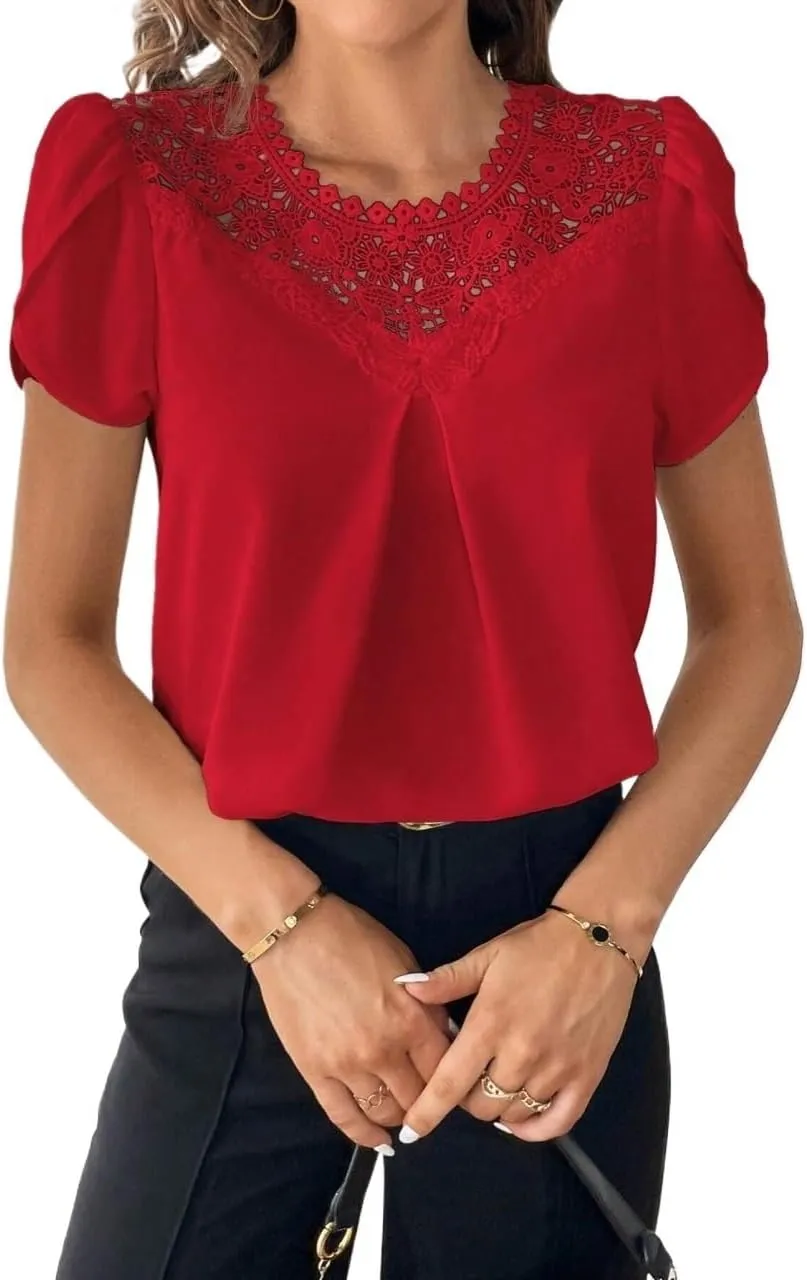 Women's Blouses Shirts Summer Casual Solid Color Lace Patchwork Puff Sleeve Shirt Trendy Tshirts Tops