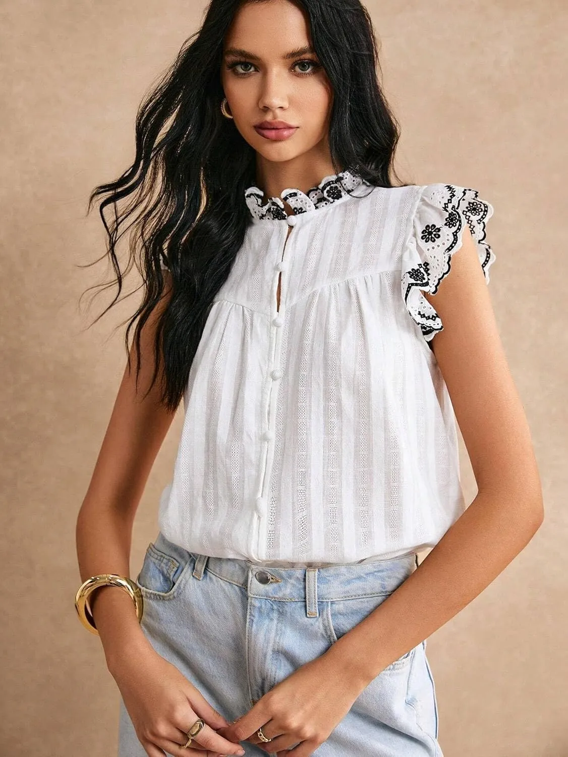 Women's Blouses Shirts White Cotton Lace Embroidery Top Cap Sleeve Blouse Trendy Tshirts Tops