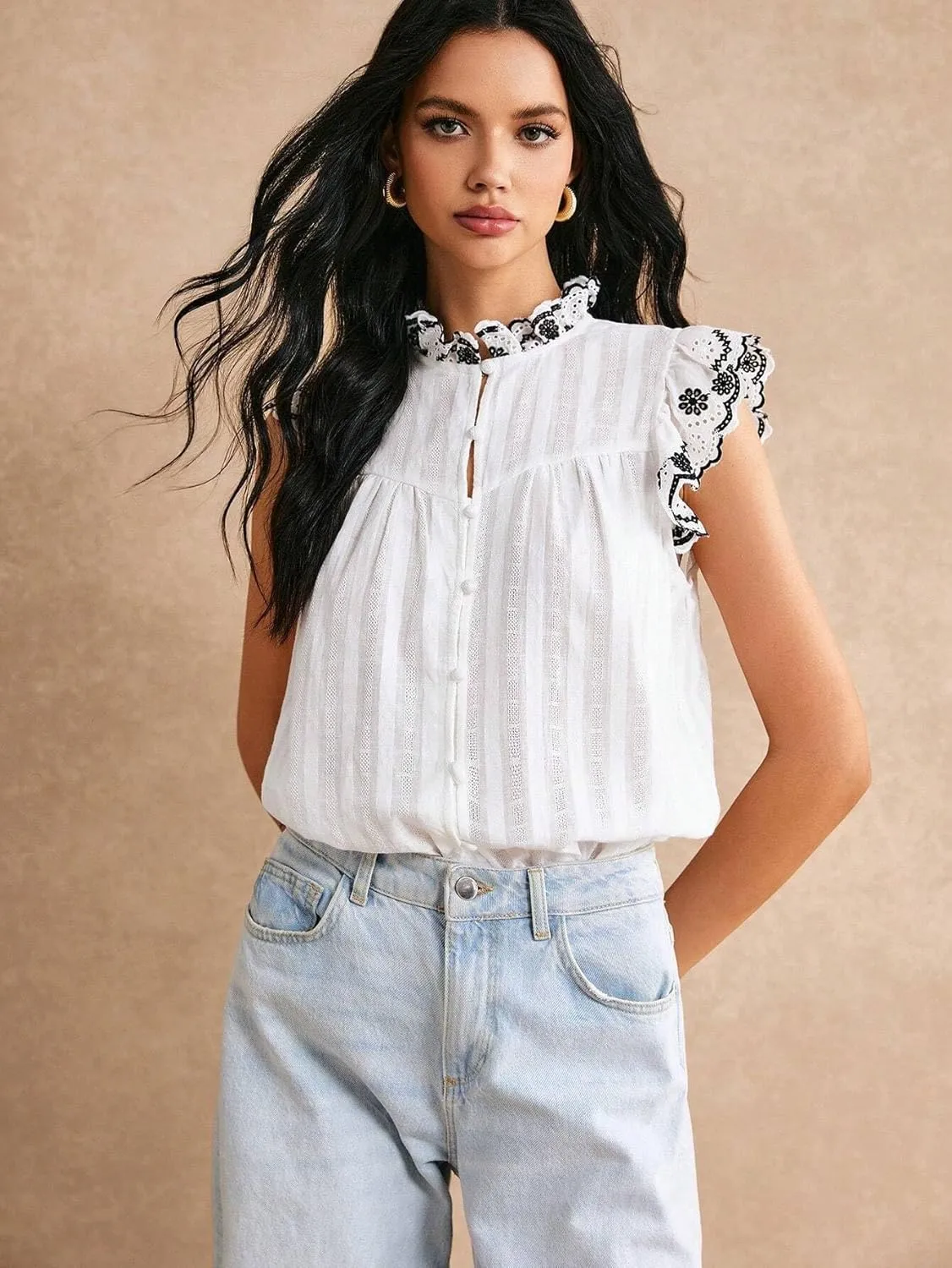 Women's Blouses Shirts White Cotton Lace Embroidery Top Cap Sleeve Blouse Trendy Tshirts Tops