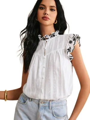 Women's Blouses Shirts White Cotton Lace Embroidery Top Cap Sleeve Blouse Trendy Tshirts Tops