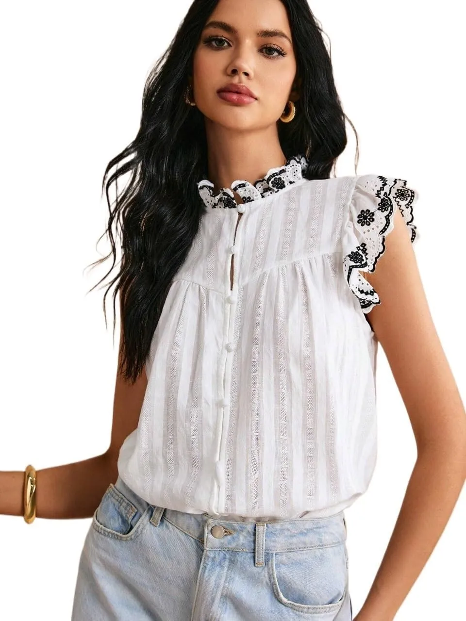 Women's Blouses Shirts White Cotton Lace Embroidery Top Cap Sleeve Blouse Trendy Tshirts Tops