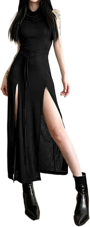 Women's Bodycon Dresses Sleeveless Lace Up Split Dress Gothic Hip Hop Maxi Dress