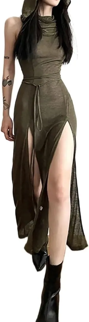 Women's Bodycon Dresses Sleeveless Lace Up Split Dress Gothic Hip Hop Maxi Dress