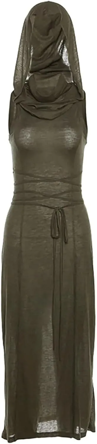 Women's Bodycon Dresses Sleeveless Lace Up Split Dress Gothic Hip Hop Maxi Dress