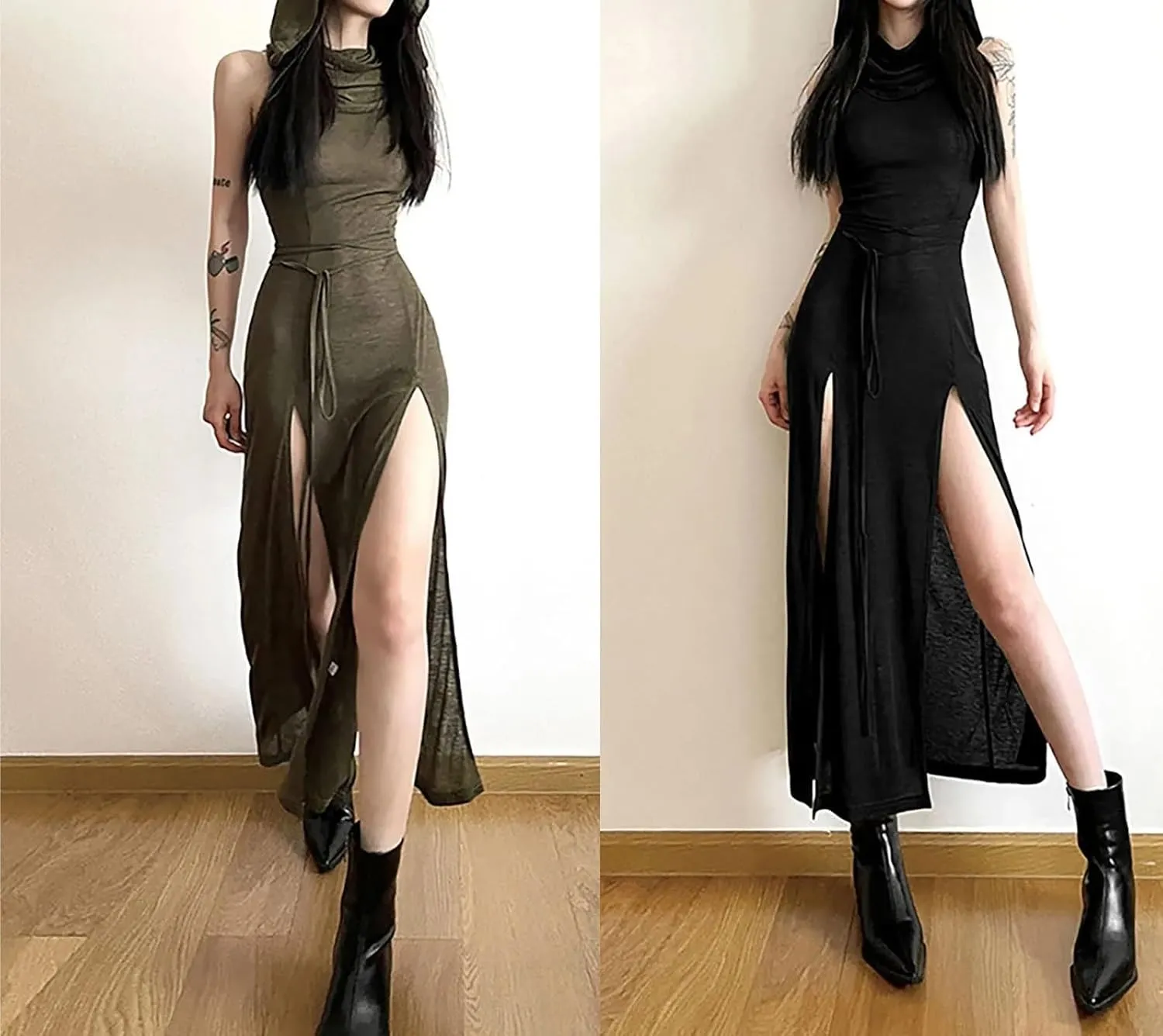 Women's Bodycon Dresses Sleeveless Lace Up Split Dress Gothic Hip Hop Maxi Dress