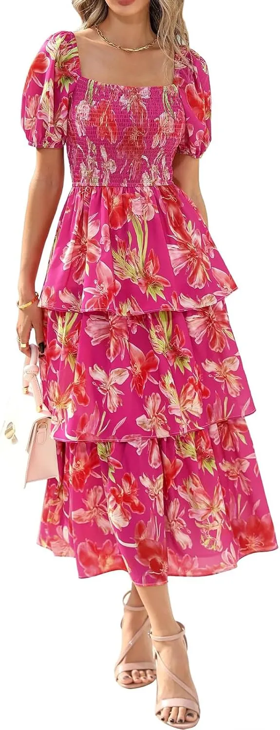 Womens Boho Summer Dresses Square Neck Smocked Dress Puff Short Sleeve Tiered Ruffle Dresses Wedding Guest Dress