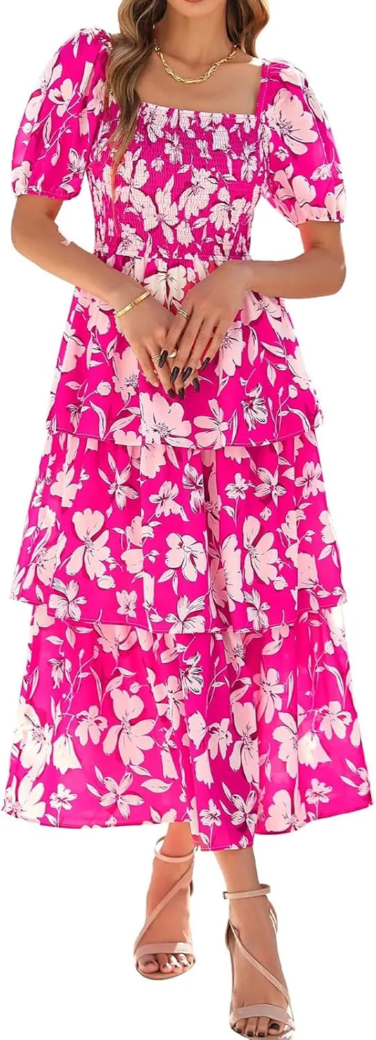 Womens Boho Summer Dresses Square Neck Smocked Dress Puff Short Sleeve Tiered Ruffle Dresses Wedding Guest Dress