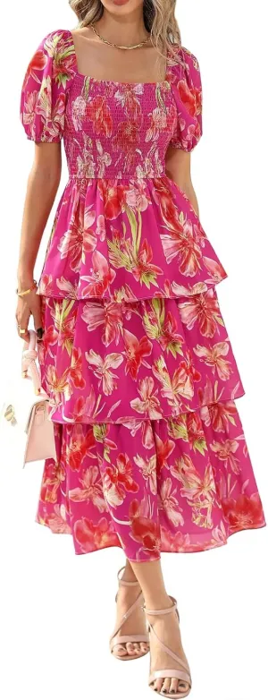 Womens Boho Summer Dresses Square Neck Smocked Dress Puff Short Sleeve Tiered Ruffle Dresses Wedding Guest Dress