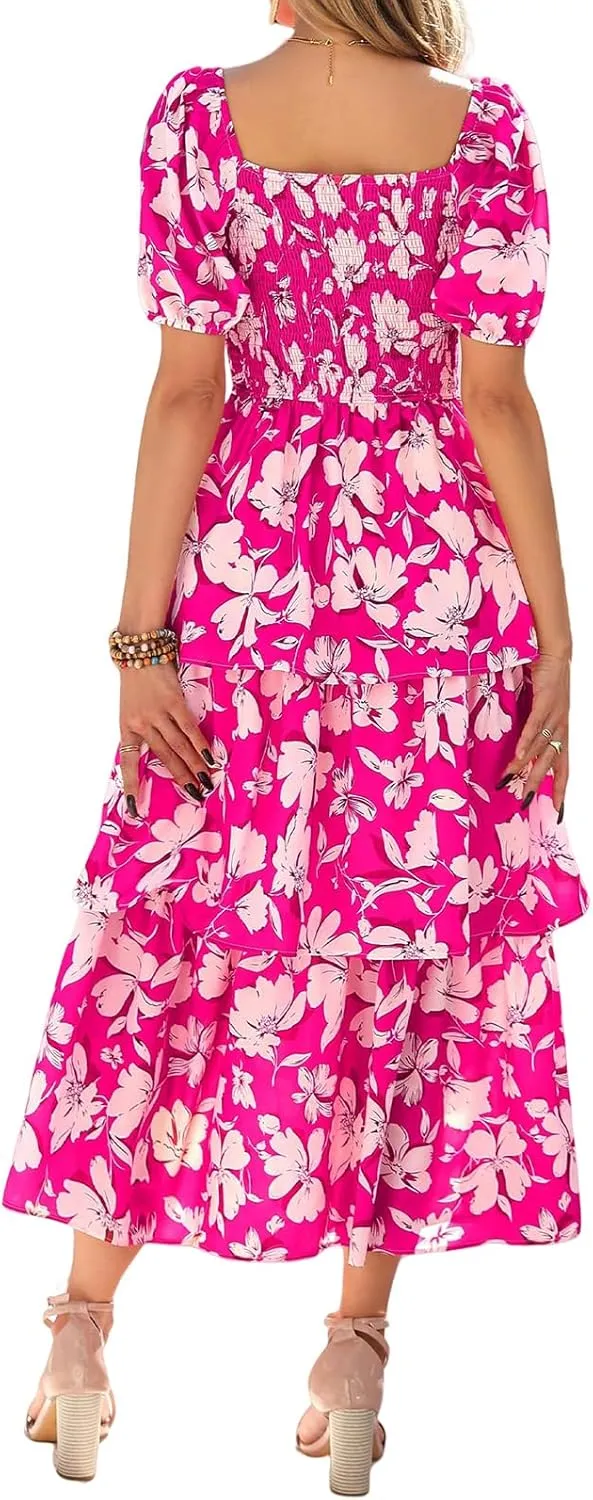 Womens Boho Summer Dresses Square Neck Smocked Dress Puff Short Sleeve Tiered Ruffle Dresses Wedding Guest Dress