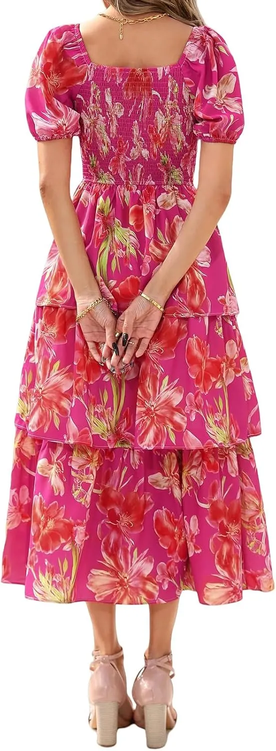 Womens Boho Summer Dresses Square Neck Smocked Dress Puff Short Sleeve Tiered Ruffle Dresses Wedding Guest Dress