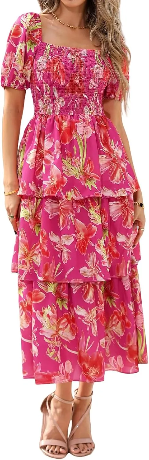 Womens Boho Summer Dresses Square Neck Smocked Dress Puff Short Sleeve Tiered Ruffle Dresses Wedding Guest Dress