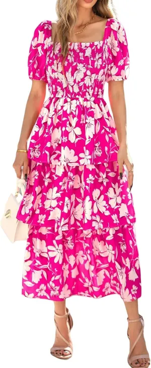 Womens Boho Summer Dresses Square Neck Smocked Dress Puff Short Sleeve Tiered Ruffle Dresses Wedding Guest Dress
