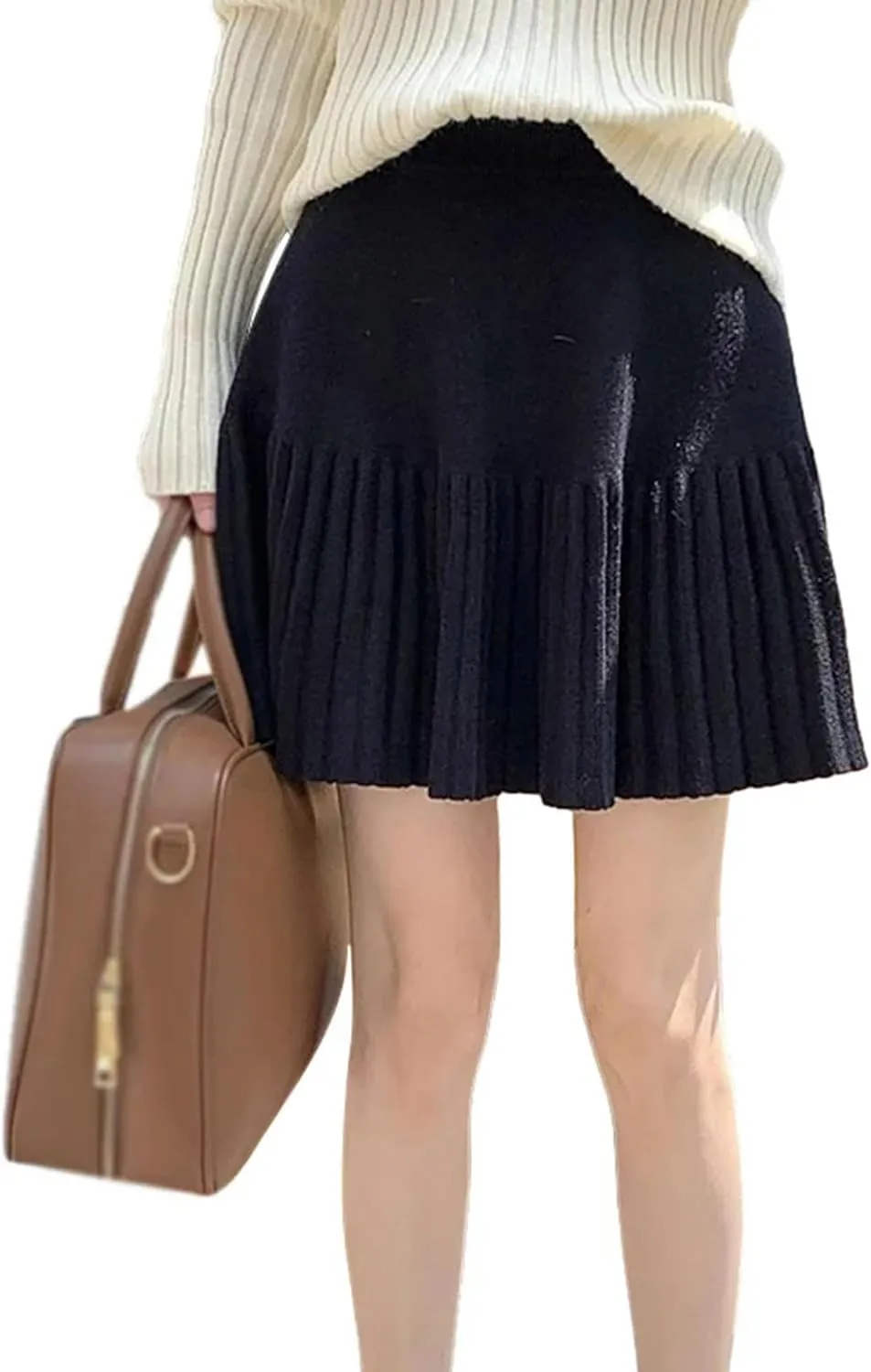 Women's Casual High Waist A Line Knit Mini Skater Skirt Winter Pleated Skirt-H-OneSize