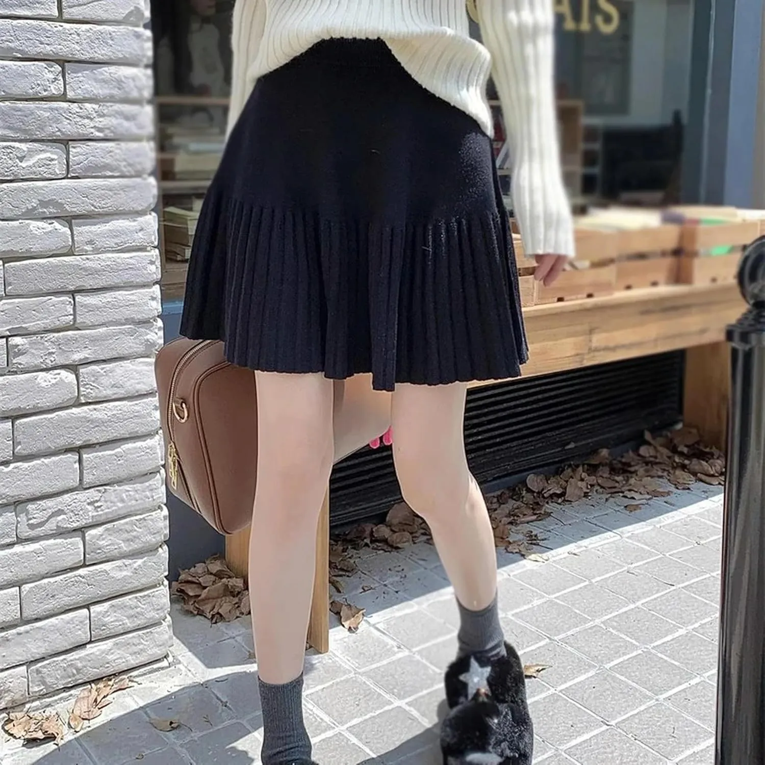 Women's Casual High Waist A Line Knit Mini Skater Skirt Winter Pleated Skirt-H-OneSize