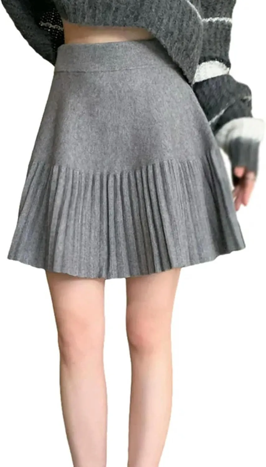 Women's Casual High Waist A Line Knit Mini Skater Skirt Winter Pleated Skirt-H-OneSize
