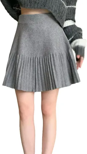 Women's Casual High Waist A Line Knit Mini Skater Skirt Winter Pleated Skirt-H-OneSize