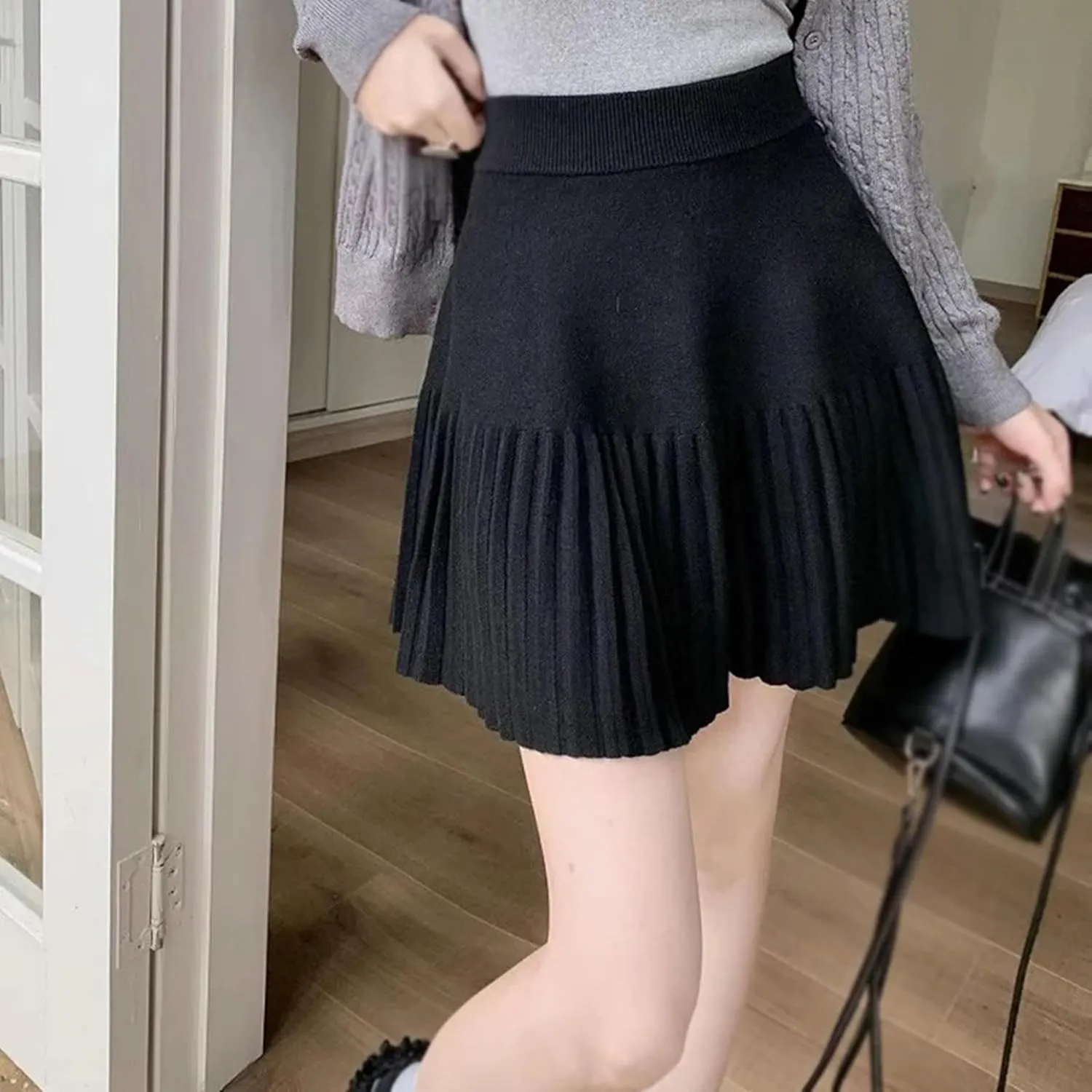 Women's Casual High Waist A Line Knit Mini Skater Skirt Winter Pleated Skirt-H-OneSize