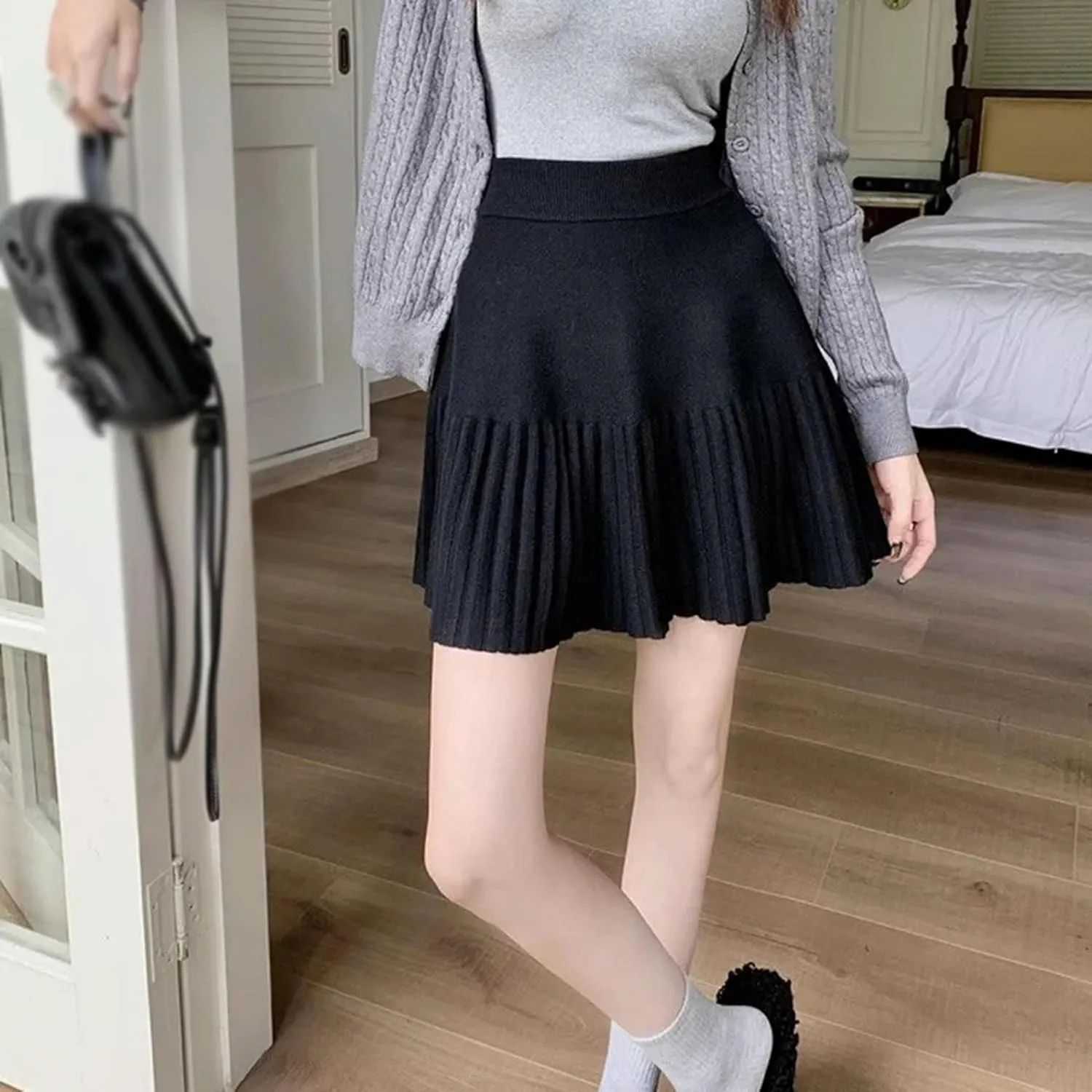 Women's Casual High Waist A Line Knit Mini Skater Skirt Winter Pleated Skirt-H-OneSize