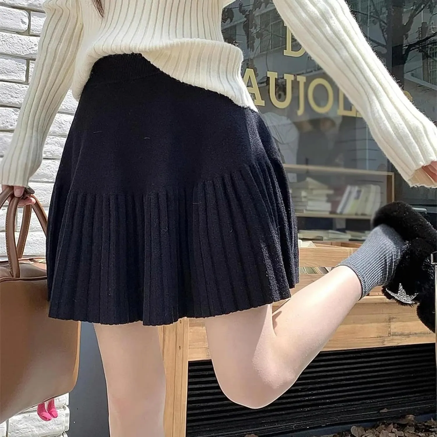 Women's Casual High Waist A Line Knit Mini Skater Skirt Winter Pleated Skirt-H-OneSize