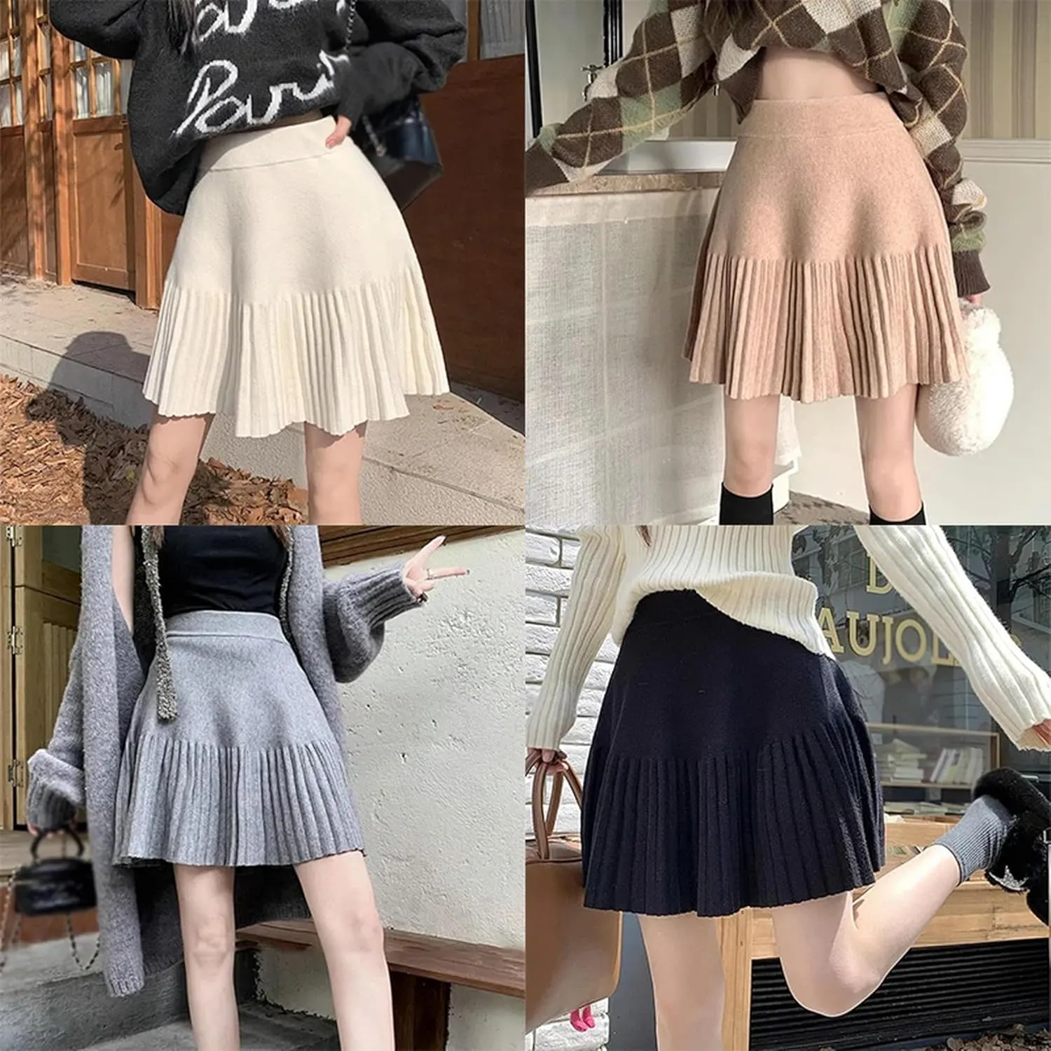 Women's Casual High Waist A Line Knit Mini Skater Skirt Winter Pleated Skirt-H-OneSize