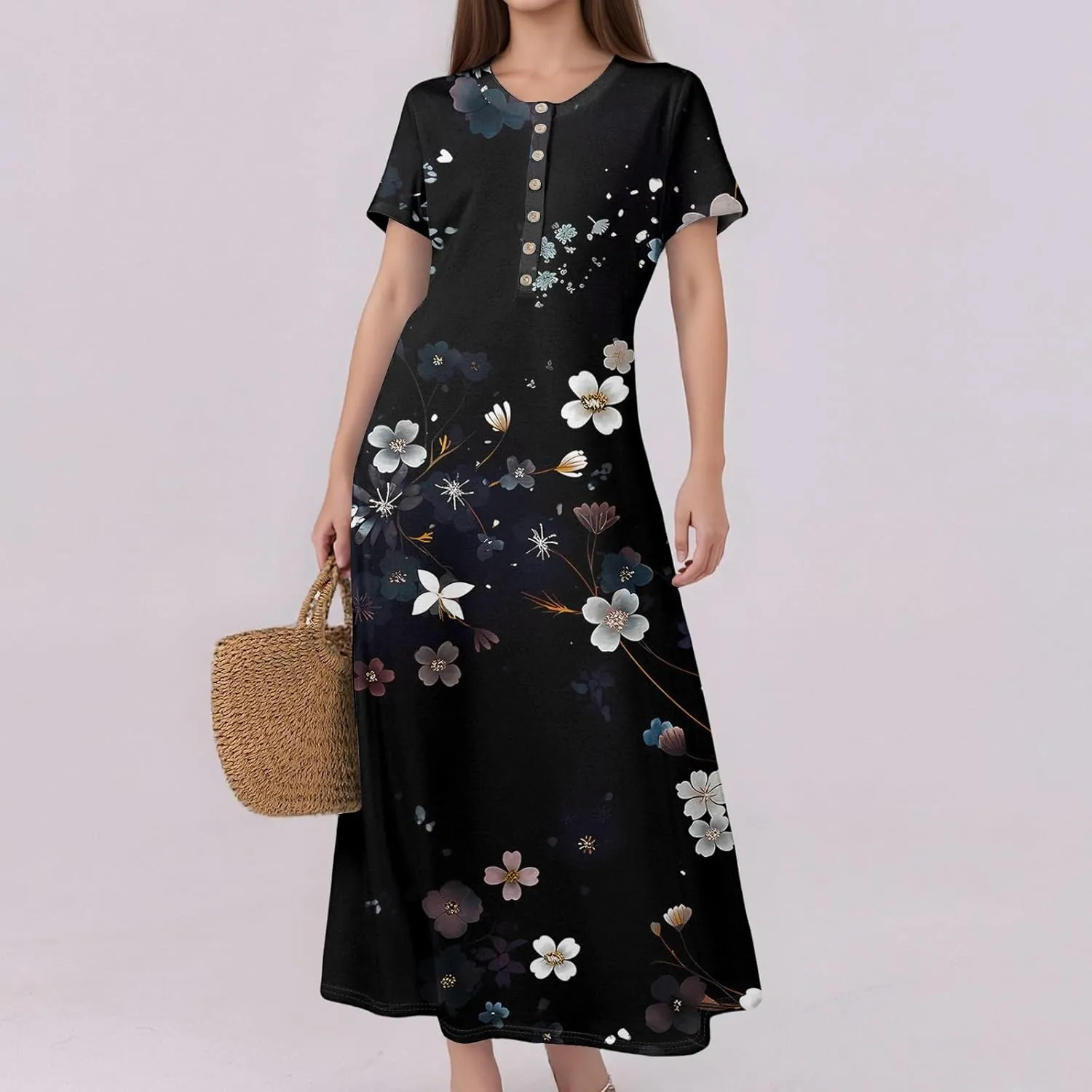 Women's Casual Summer 2025 Dresses Round Neck Short Sleeve Floral Print Button Dresses Casual Swing Boho Dress