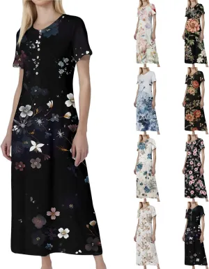 Women's Casual Summer 2025 Dresses Round Neck Short Sleeve Floral Print Button Dresses Casual Swing Boho Dress