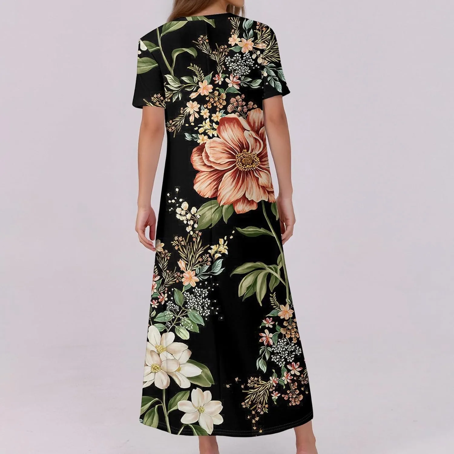Women's Casual Summer 2025 Dresses Round Neck Short Sleeve Floral Print Button Dresses Casual Swing Boho Dress