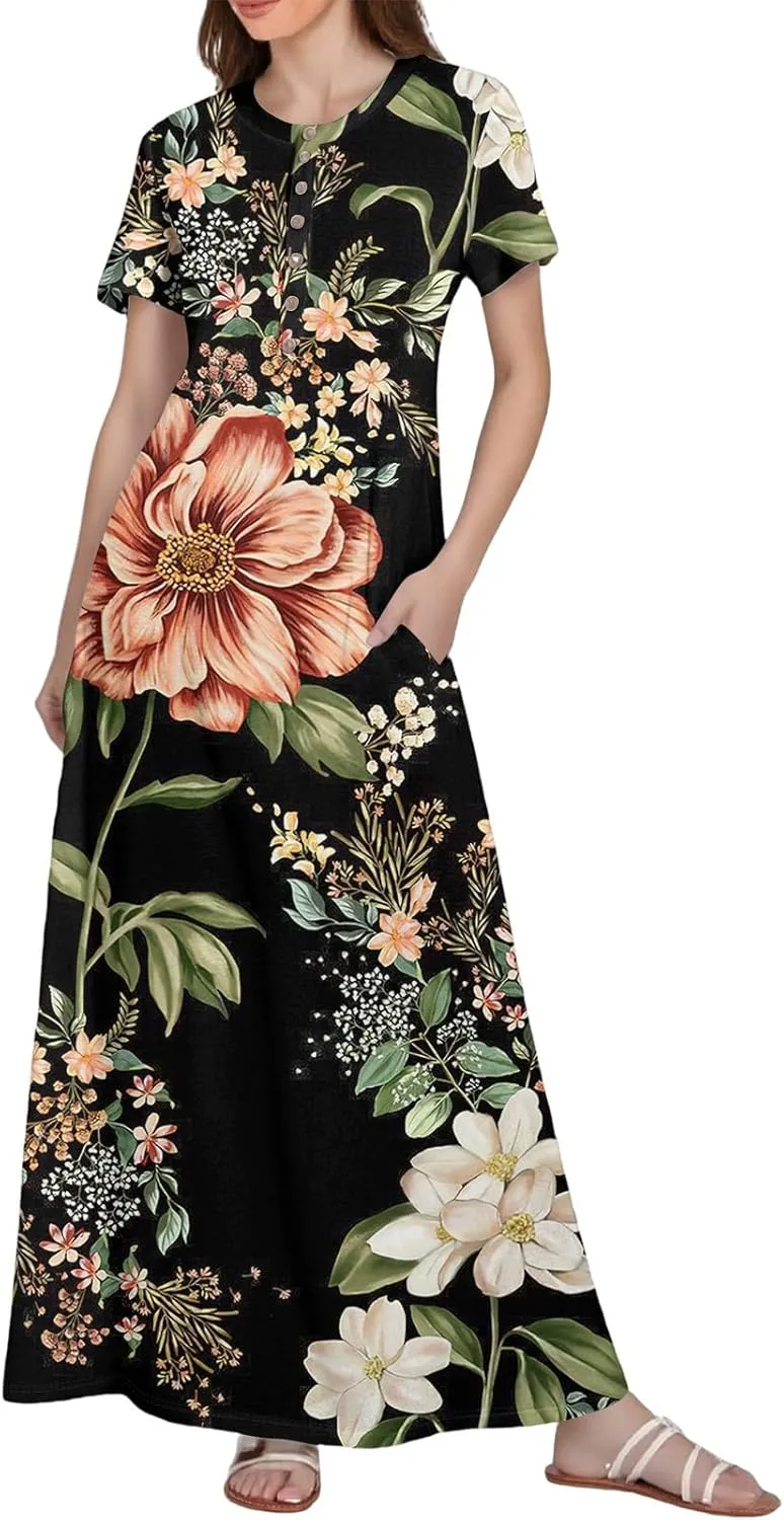 Women's Casual Summer 2025 Dresses Round Neck Short Sleeve Floral Print Button Dresses Casual Swing Boho Dress